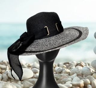 Dámský letní klobouk - slamák s elegantní stuhou a mašlí – černý
