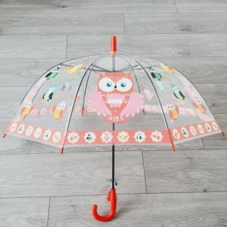 Průhledný dětský deštník s píšťalkou a sovičkami – červený, 80 cm