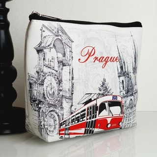 Kosmetická taška Praha – motiv Tramvaj, bílá, 23x16 cm