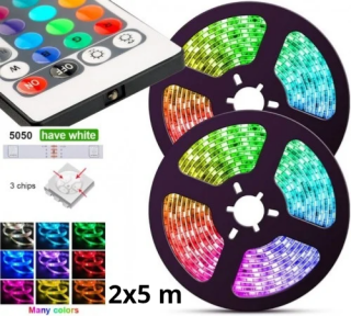 RGB LED pásek 10m (2x5m) s bílou barvou - dálkové ovládání